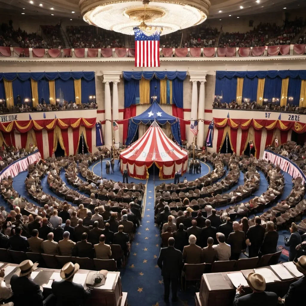 Prompt: the Congress of the United States is hosting a circus with Elephants and Donkeys.
