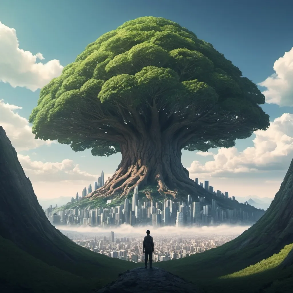 Prompt: Far off on the horizon a giant tree can be seen.  The tree is so big it makes a mountain look small.  The Tree is a futuristic city. 

