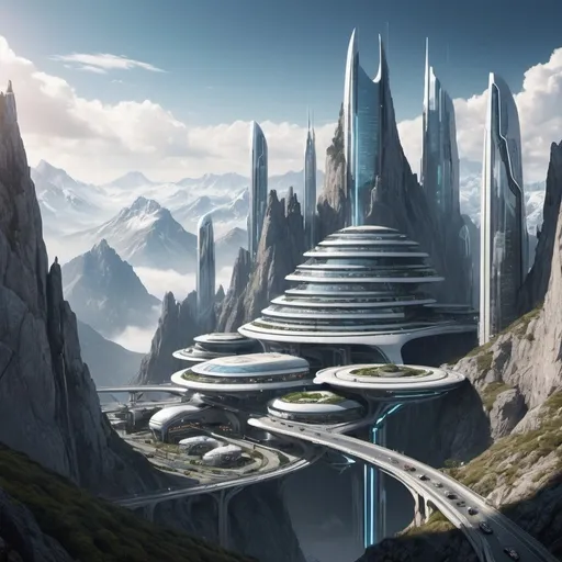 Prompt: A futuristic city in, on, and through a high mountain top.
