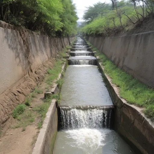 Prompt: A canal with a gentle downward slope.  The water flows at a trickle. Hundreds of flooded plateaus each with waterfall of only 10 centimeters.   Hundreds of tiny water falls every 5 meters of the canal.   The water does not fall more than 10 centimeters with each plateau and dam.