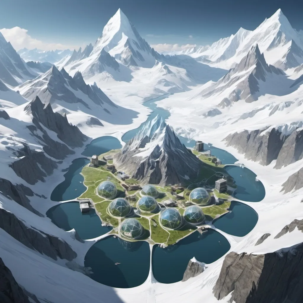 Prompt: A town of Biospheres built and on, in, and through the glaciers of a high Mountain peak.  Smaller closed Arboretums dot the landscape.
