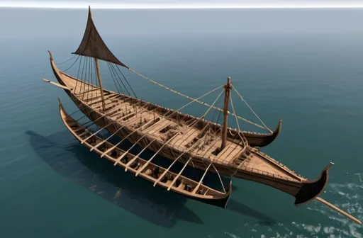 Prompt: A massive Trimaran: made from a Trireme as the center hull of the ship, with two large Viking Longboats used for outriggers.  The Outriggers are place on port and starboard sides of the Central Trireme.  The Ships is very larger and stout, and the Viking Longboats are bound to the large central trireme hull with four trusses attached to the base of the masts.  The Trireme and the Longboats used as outriggers both have short masts with small sails.  

It is a Pirate Ship, it is black in color, clad in tarnished silver metal plating, and gilded in old copper that has turned green with age.  It is an old and scary ship.   

It has a giant metal keel at the prow. and a the sails are black.

Three ships abreast, but working and moving as one.  

The masts are aligned along the middles of each of the three ships.

All three ships are in the water, the biggest middle ship is heavy set in the water.
