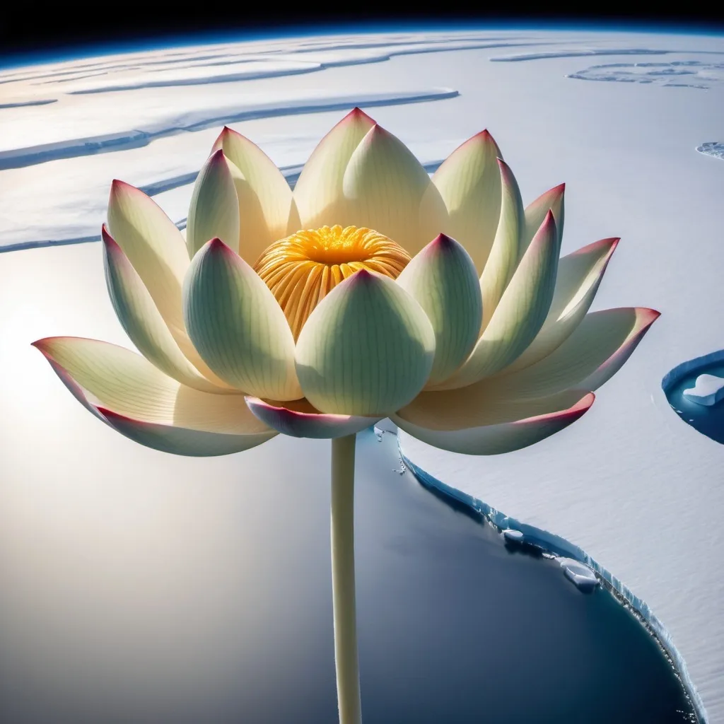 Prompt: High above Antarctica, a giant Lotus Blossom floats in orbit of the Earth, the stem reaching the earth far below., it is not in water, but so big, it floats on the top of air like a balloon.
The you can easily see the curve of the earth in background, higher than any plane.

