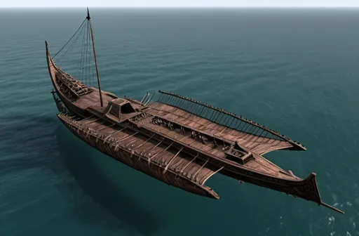 Prompt: A Trimaran. It looks like a large trireme is the center hull and viking longboats on both sides as outriggers: making one very large ship.

The Ship is black, it looks old, and covered in tarnished silver and green copper.

Two large Outriggers sit in the water on each side of the ship to stabilize the massive ship, and prevent it from capsizing.  


Make the ship look meaner, and more like a pirate ship.  Darker.  More foreboding.
Even more black.  And define the outriggers more.

Make it taller.
