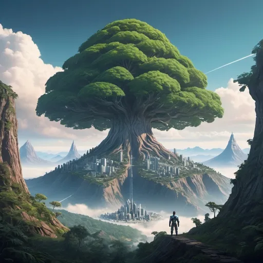 Prompt: Far off on the horizon and beyond mountains: a giant tree can be seen.  The tree is so big it makes a mountain look small.  The Tree is a futuristic city. 

