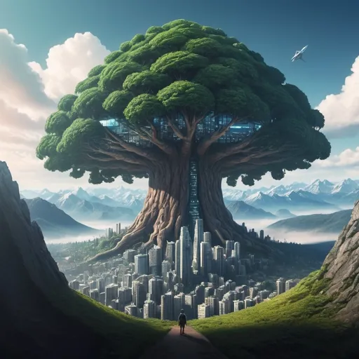 Prompt: Far off on the horizon and beyond mountains: a giant tree can be seen.  The tree is so big it makes a mountain look small.  The Tree is a futuristic city.  The trunk of the tree is covered in windows.

