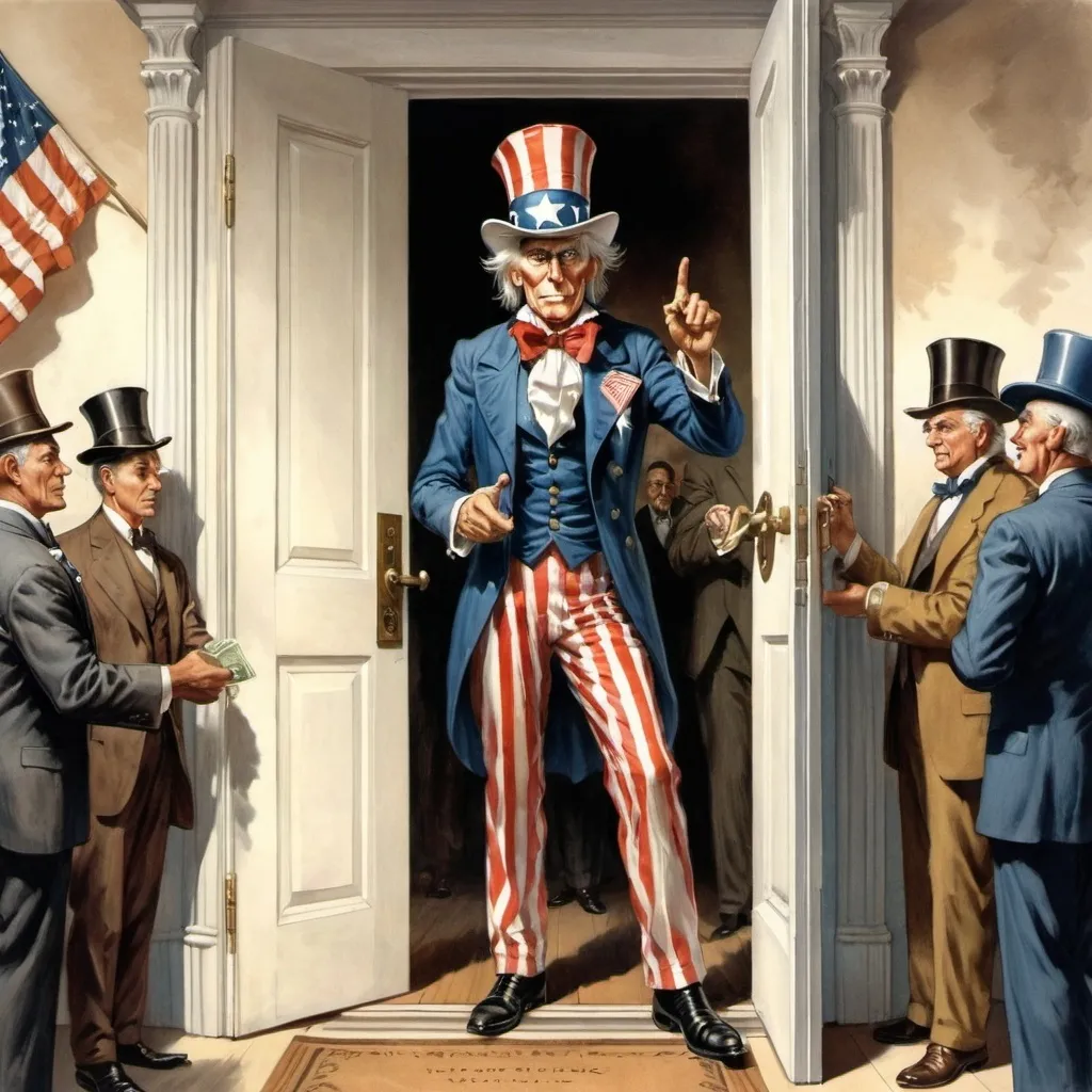 Prompt: Uncle Sam stands in  a doorway.
 He is holding the door open and a rich person is entering.  
Uncle same has money in his other hand.
Many other people stand around, but are not allowed in Congress. 
