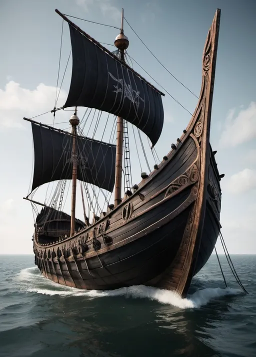 Prompt: A massive ship, black and dark.  It is like very large Trireme with two viking longboats used as pontoons.  The Viking longboats are connected with heavy wooden beams to the trireme.  The Beams connecting the trireme to the viking longboat are high above the oars, so the ship is a three hulled swath design.

make the boat look bigger.

Clad it in tarnished black silver and green copper.