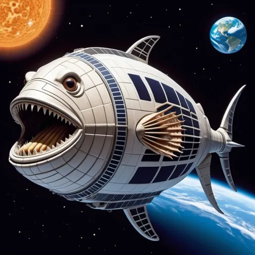 Prompt: An Enormous spaceship that looks like a fish is sitting in outer space.   The fins of the Spaceship are solar panels.  The gills expel gases.  The Mouth is open: revealing a giant radiator and grill.

The spaceship moves like a fish, and could easily swallow a space shuttle.  