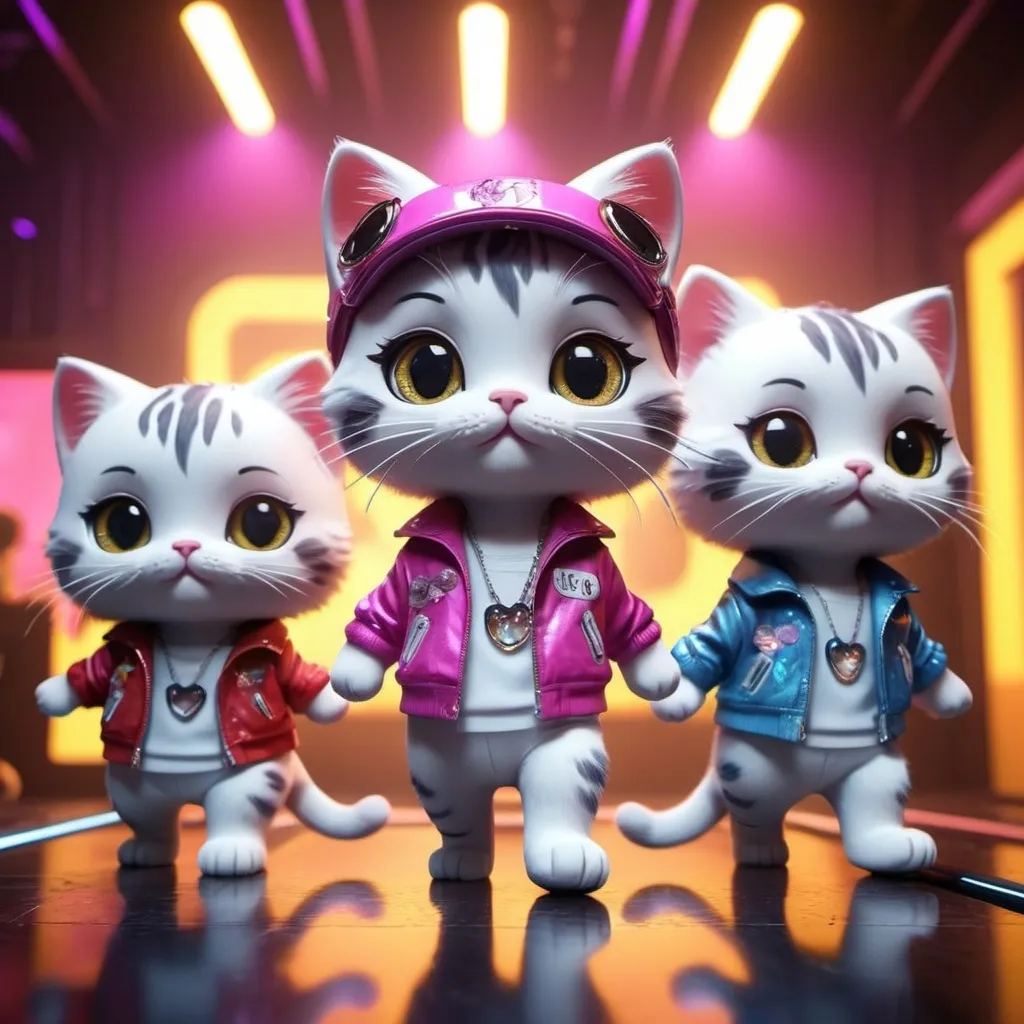 Prompt: Kitty k-pop, ultradetailed, intricate, stunning visual, volumetric lighting, modern clothing, global occlusion, global reflections, with band of kitties at the background, octane render, unreal engine 5, UHD, HDR, 4k resolution. --ar 3:2 --q 2 --v 2 --ISO 25600