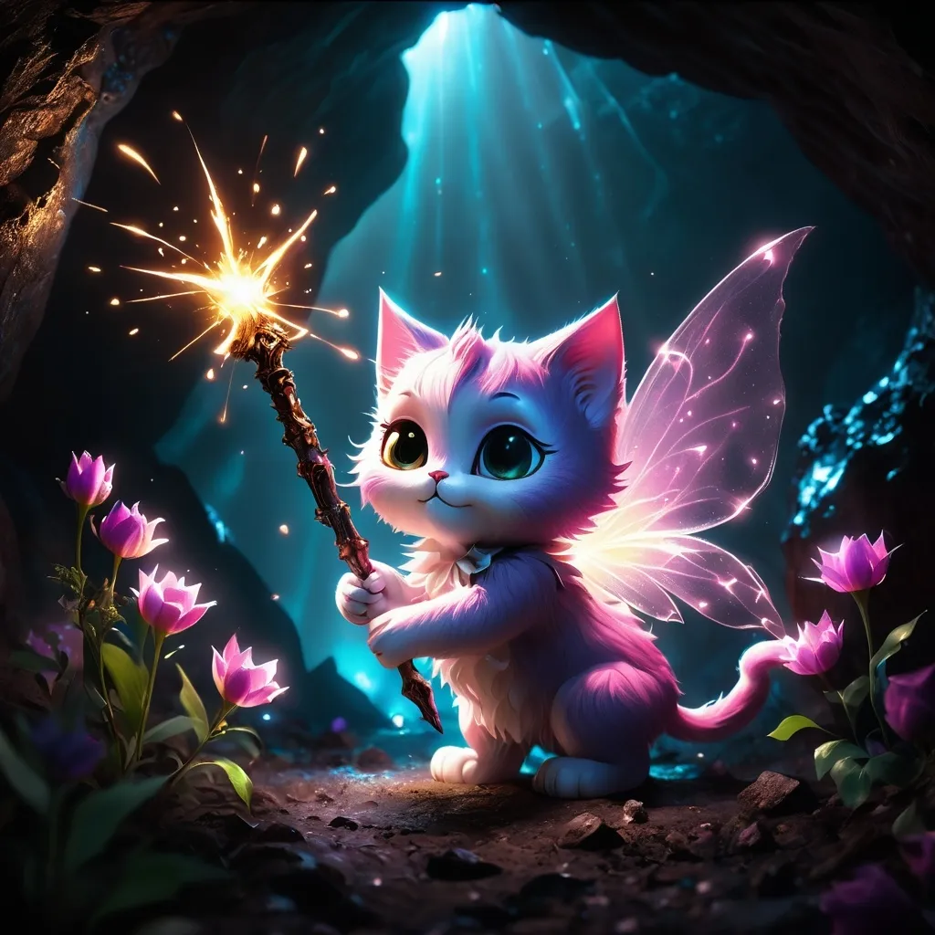 Prompt: A fairy kitty defeating a demon with a holy light in a dark cave, while holding a wand with flowers emitting light. The scene features octane render, unreal engine 5, volumetric and ambient light, UHD HDR, 4k resolution, ultra-detailed stunning visuals, chromatic aberration, and dark tones." --ar 3:2 --q 2 -v 2 --ISO 25600 --no ugly, --no bad draw, --no merged, --no extra paws, --no extra face, --no extra eyes, --no extra ears, --no creepy