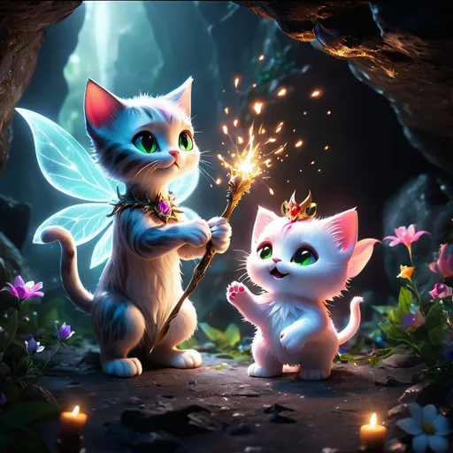 Prompt: A fairy kitty defeating a demon with a holy light in a dark cave, while holding a wand with flowers emitting light. The scene features octane render, unreal engine 5, volumetric and ambient light, UHD HDR, 4k resolution, ultra-detailed stunning visuals, chromatic aberration, and dark tones." --ar 3:2 --q 2 -v 2 --ISO 25600 --no ugly, --no bad draw, --no merged, --no extra paws, --no extra face, --no extra eyes, --no extra ears.