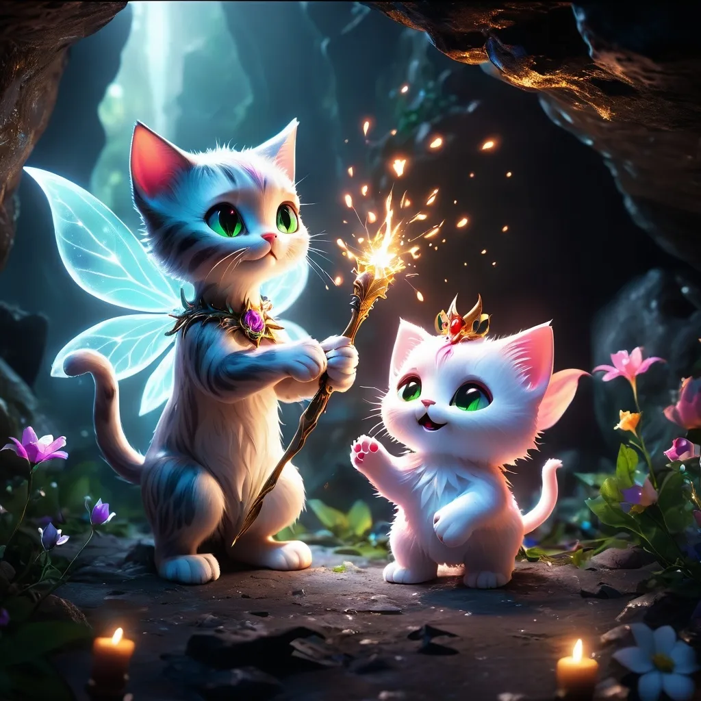 Prompt: A fairy kitty defeating a demon with a holy light in a dark cave, while holding a wand with flowers emitting light. The scene features octane render, unreal engine 5, volumetric and ambient light, UHD HDR, 4k resolution, ultra-detailed stunning visuals, chromatic aberration, and dark tones." --ar 3:2 --q 2 -v 2 --ISO 25600 --no ugly, --no bad draw, --no merged, --no extra paws, --no extra face, --no extra eyes, --no extra ears.