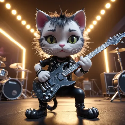 Prompt: Kitty Rockstar, punk style, ultradetailed, intricate, stunning visual, volumetric lighting, dark clothing, global occlusion, global reflections, with your rock band of kitties at the background, octane render, unreal engine 5, UHD, HDR, 4k resolution. --ar 3:2 --q 2 --v 2 --ISO 25600