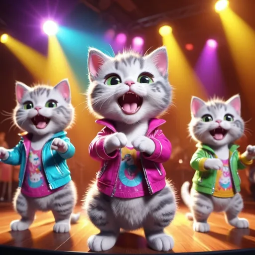 Prompt: Kitty popstar, singing, ultradetailed, volumetric lightining, colorful clothings, with your band of kitties at the background, octane render, unreal engine 5, UHD, HDR, 4k resolution. --ar 3:2 --q 2 --v 2 --ISO 25600