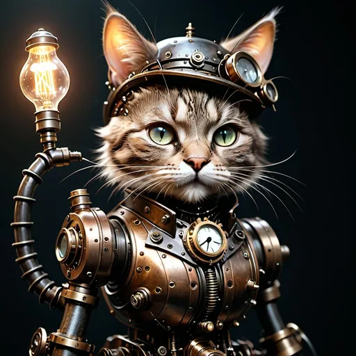 Prompt: Steampunk kitty, emitting light, black background, abstract, volumetric lighting, global occlusion, Unreal Engine 5, stunningly visual, trending on Artstation, OpenGL-Shaders, ultradetailed, intricate, extreme quality, UHD, HDR, 8K resolution, --ar 3:2, --q 2, --v 2, --ISO 25600, captivating atmosphere, high contrast imagery, dark yet vibrant tones, visually striking, surreal composition.