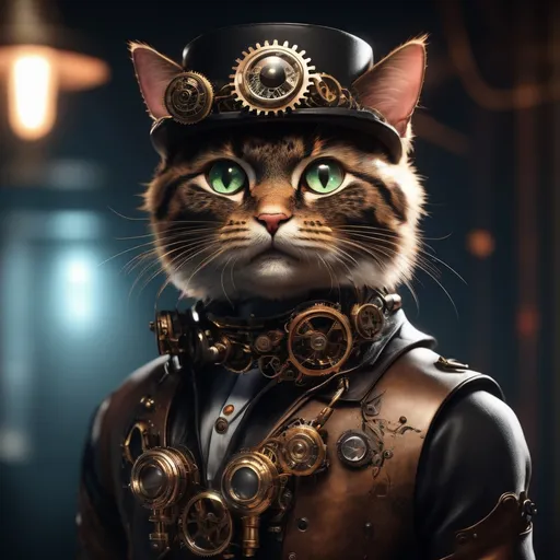 Prompt: Steampunk kitty, emitting light, black background, abstract, volumetric lighting, global occlusion, Unreal Engine 5, stunningly visual, trending on Artstation, OpenGL-Shaders, ultradetailed, intricate, extreme quality, UHD, HDR, 8K resolution, --ar 3:2, --q 2, --v 2, --ISO 25600, captivating atmosphere, high contrast imagery, dark yet vibrant tones, visually striking, surreal composition.