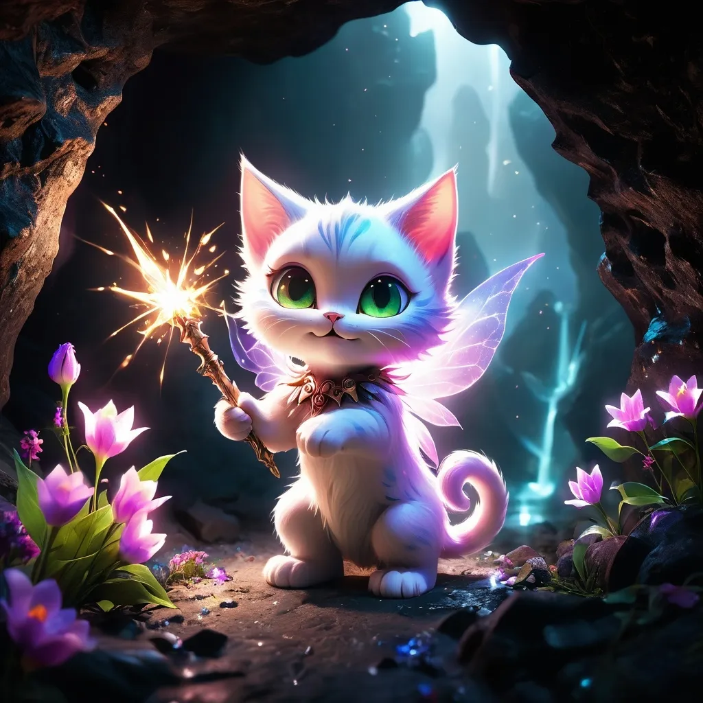 Prompt: A fairy kitty defeating a demon with a holy light in a dark cave, while holding a wand with flowers emitting light. The scene features octane render, unreal engine 5, volumetric and ambient light, UHD HDR, 4k resolution, ultra-detailed stunning visuals, chromatic aberration, and dark tones." --ar 3:2 --q 2 -v 2 --ISO 25600 --no ugly, --no bad draw, --no merged, --no extra paws, --no extra face, --no extra eyes, --no extra ears.