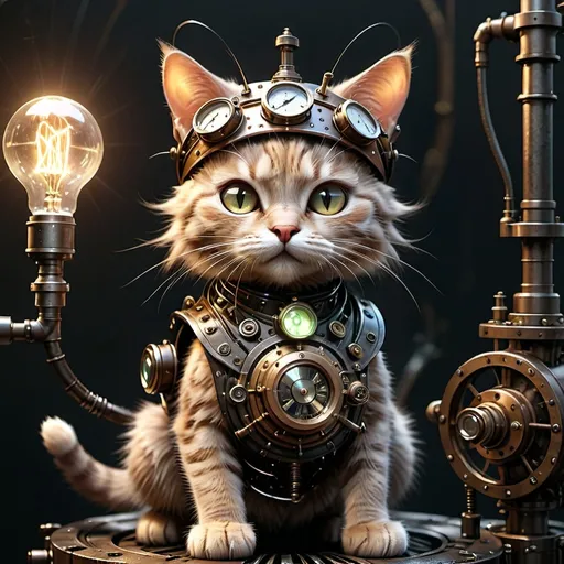 Prompt: Steampunk kitty, emitting light, black background, abstract, volumetric lighting, global occlusion, Octane render, Unreal Engine 5, stunningly visual, trending on Artstation, OpenGL-Shaders, ultradetailed, intricate, extreme quality, UHD, HDR, 8K resolution, --ar 3:2, --q 2, --v 2, --ISO 25600, captivating atmosphere, high contrast imagery, dark yet vibrant tones, visually striking, surreal composition.