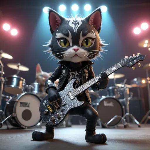 Prompt: Kitty Rockstar, punk style, ultradetailed, intricate, stunning visual, volumetric lighting, dark clothing, global occlusion, global reflections, with your rock band of kitties at the background, octane render, unreal engine 5, UHD, HDR, 4k resolution. --ar 3:2 --q 2 --v 2 --ISO 25600