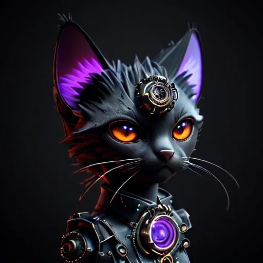 Prompt: Steampunk kitty, emitting light, black background, abstract, volumetric lighting, global occlusion, Unreal Engine 5, stunningly visual, trending on Artstation, OpenGL-Shaders, ultradetailed, intricate, extreme quality, UHD, HDR, 8K resolution, --ar 3:2, --q 2, --v 2, --ISO 25600, captivating atmosphere, high contrast imagery, dark yet vibrant tones, visually striking, surreal composition.