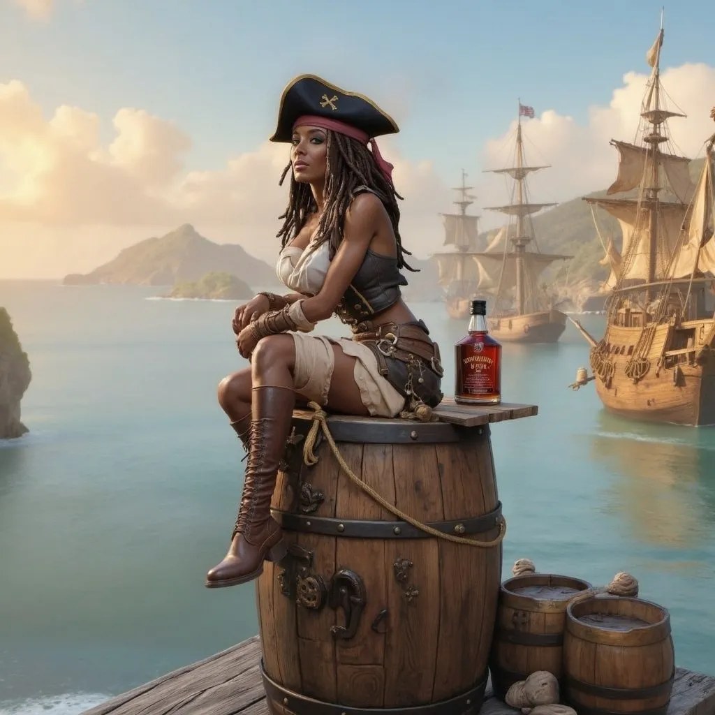 Prompt: a woman sitting on top of a barrel next to a bottle in a pirate costume on a dock, A.D.M. Cooper, photorealism, promotional image, computer graphics