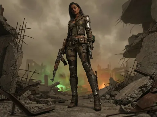 Prompt: fallout style,a girl warrior near a a building in ruins