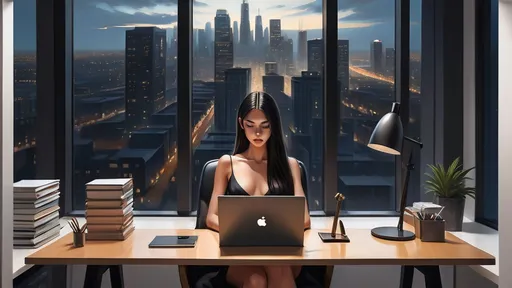 Prompt: an office with a large window overlooking a city skyline at night time desk in front of a large window, a superb woman in a black dress is on a laptop at a desk in a office , Artgerm, stanley artgerm lau, a digital painting,long straight hair,long legs