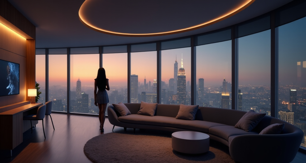 Prompt: a living room with a large window overlooking a city skyline at night time with a couch and chairs in front of a large window, Alena Aenami, photorealism, unreal engine render, a digital rendering,a beautiful african american girl in short office dress stands by the bay window and looks out,a digital painting,long straight hair,high definition, sunlight, 8k,4k, arabesque, 