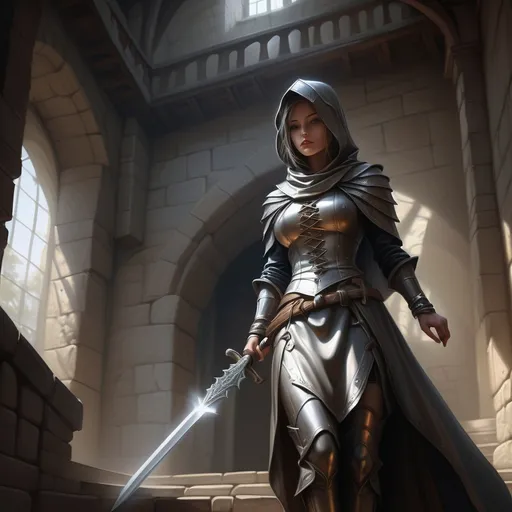 Prompt: The sunlight streams through the medieval tower, an ambient occlusion render,insanely detailed and intricate, Artgerm, Clyde Caldwell, a detailed painting,(8K) ultra-high definition, (masterpiece), fantasy art, magic the gathering artwork, a storybook illustration,a silent assassin girl with a long sword and a hood is descending a dark colimasson staircase of a medieval castle 