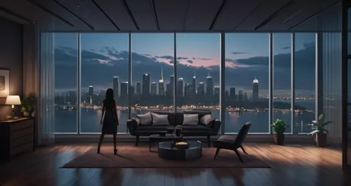 Prompt: a living room with a large window overlooking a city skyline at night time with a couch and chairs in front of a large window, Alena Aenami, photorealism, unreal engine render, a digital rendering,an ebony beauty in short office dress stands by the bay window and looks out,a digital painting,long straight hair,high definition, sunlight, 8k,4k, arabesque, 