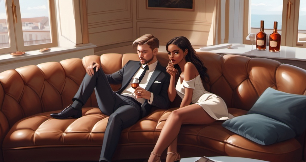 Prompt: a man and a woman sitting on a couch in a room with a window and a table with a bottle of cognac,a caucasian man and a brown skin girl in short dress, Artgerm, stanley artgerm lau, HD,4k,8K,full black dress