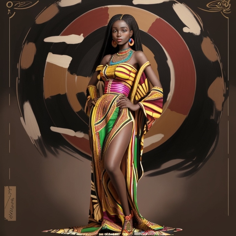 Prompt: a beautiful african girl in colorfull traditional bazin dress with her hand on her hip, highly detailed digital painting, beauty, seductive, full body ,long straight black hair, 