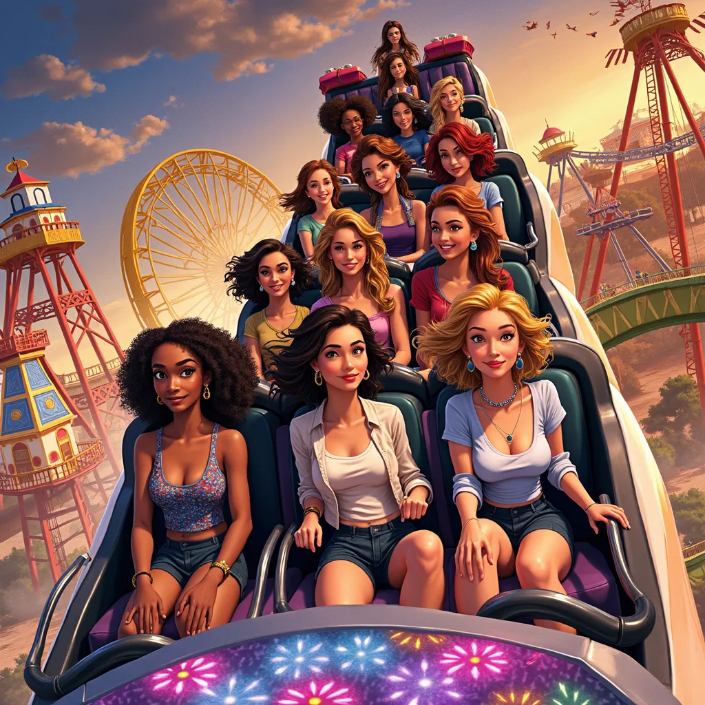 Prompt: a group of women riding on top of a roller coaster at a carnival park in a painting style,, disney, sots art, official art, concept art