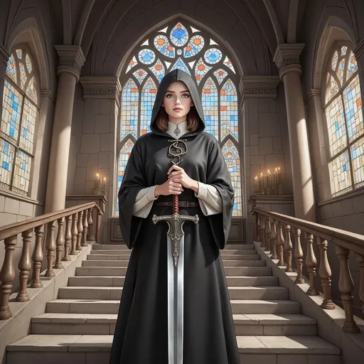 Prompt: a girl with a sword and a hood a woman is descending a dark colimasson staircase of a medieval castle without a sound to avoid detection ,Artgerm, an ambient occlusion render,insanely detailed and intricate, Artgerm, stanley artgerm lau, a detailed painting,(8K) ultra-high definition, (masterpiece)