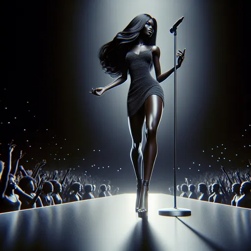 Prompt: beautiful black singer girl on stage with microphone, powerful scenic energy and aura, linear perspective, stacked perspective, three-point perspective,short clothes,HD, 4k, 3D,seductive dress,long  smooth black hair,long legs