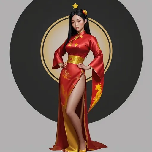 Prompt: a beautiful tanned asian girl in traditional vietnamese dress with her hand on her hip, highly detailed digital painting, beauty, seductive, full body ,long straight black hair, red an yellow star in background