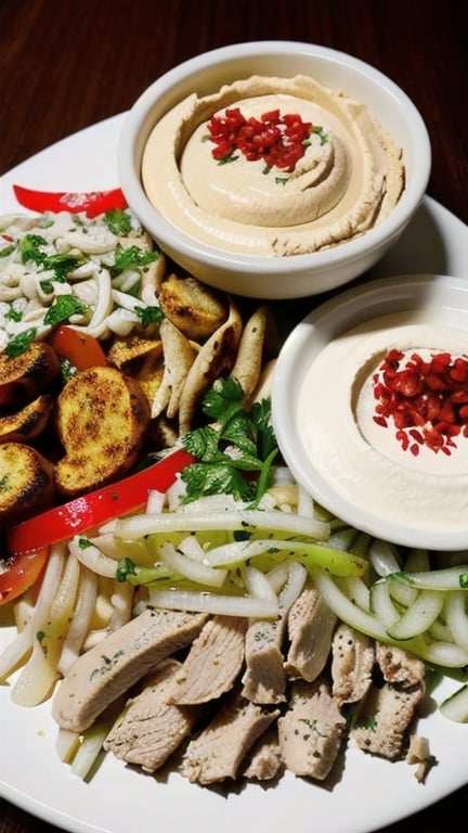 Prompt: delicious shawarma plate with humus and garlic sauce on the side