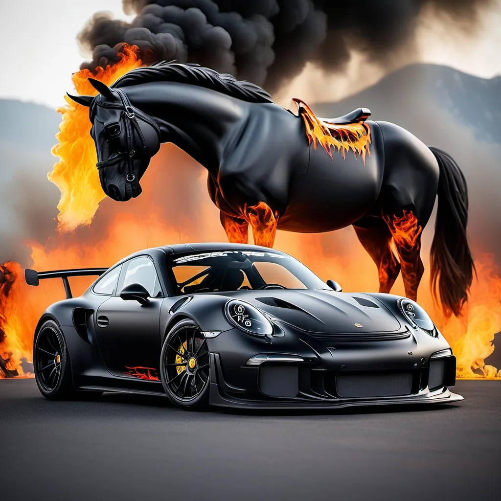 Prompt: make porche gt3 all black matte 
paint with the spartan and his horse as a back ground and flames coming out of the exhaust