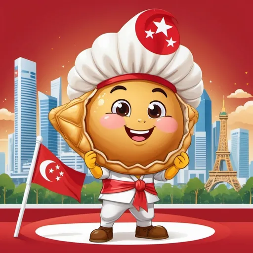 Prompt: The mascot is a Curry Puff the National Day mascot of Singapore his appearance are Golden and crispy, he wears a flag hat and red-and-white sash, holding a tiny flag