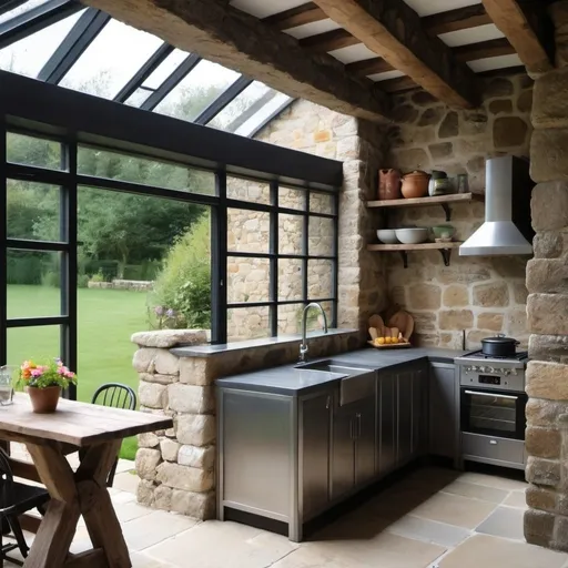 Prompt: Summer kitchenette in a metal and glass extension of a stone wall house with wooden beams. Style iscosy rustic