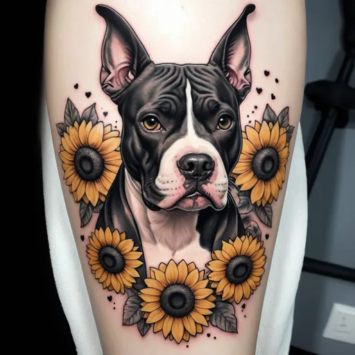 Prompt: a tattoo combining a realistic black and white pitbull with floppy ears, honeycombs, and scattered 8 bit hearts. sunflowers and bumblebees incorporated into the design