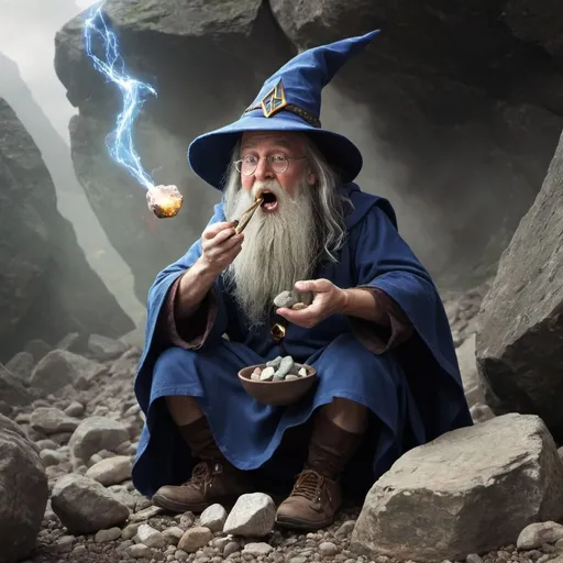 Prompt: Wizard eating rocks