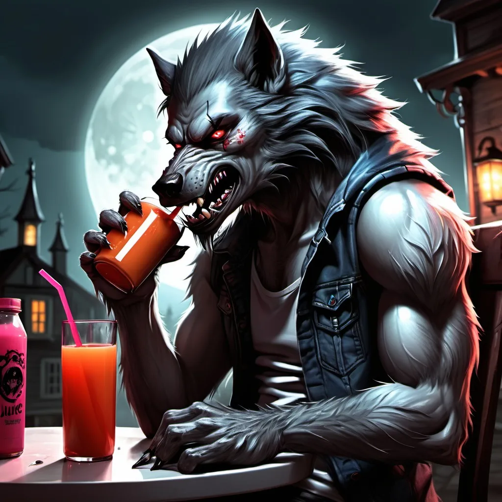 Prompt: emo cool werewolf drink juice