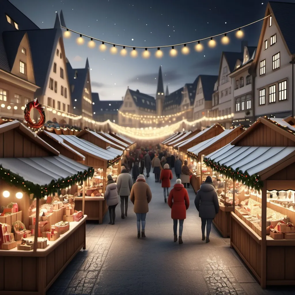 Prompt:  Christmas market with stalls and lights, bustling atmosphere, photorealistic style.