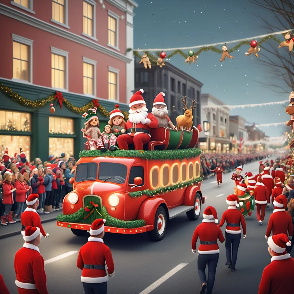 Prompt: Christmas parade with floats and characters, festive crowd, photorealistic style.