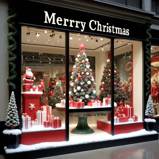 Prompt: Christmas-themed window display, department store, photorealistic style.