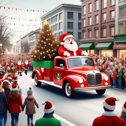 Prompt: Christmas parade with floats and characters, festive crowd, photorealistic style.