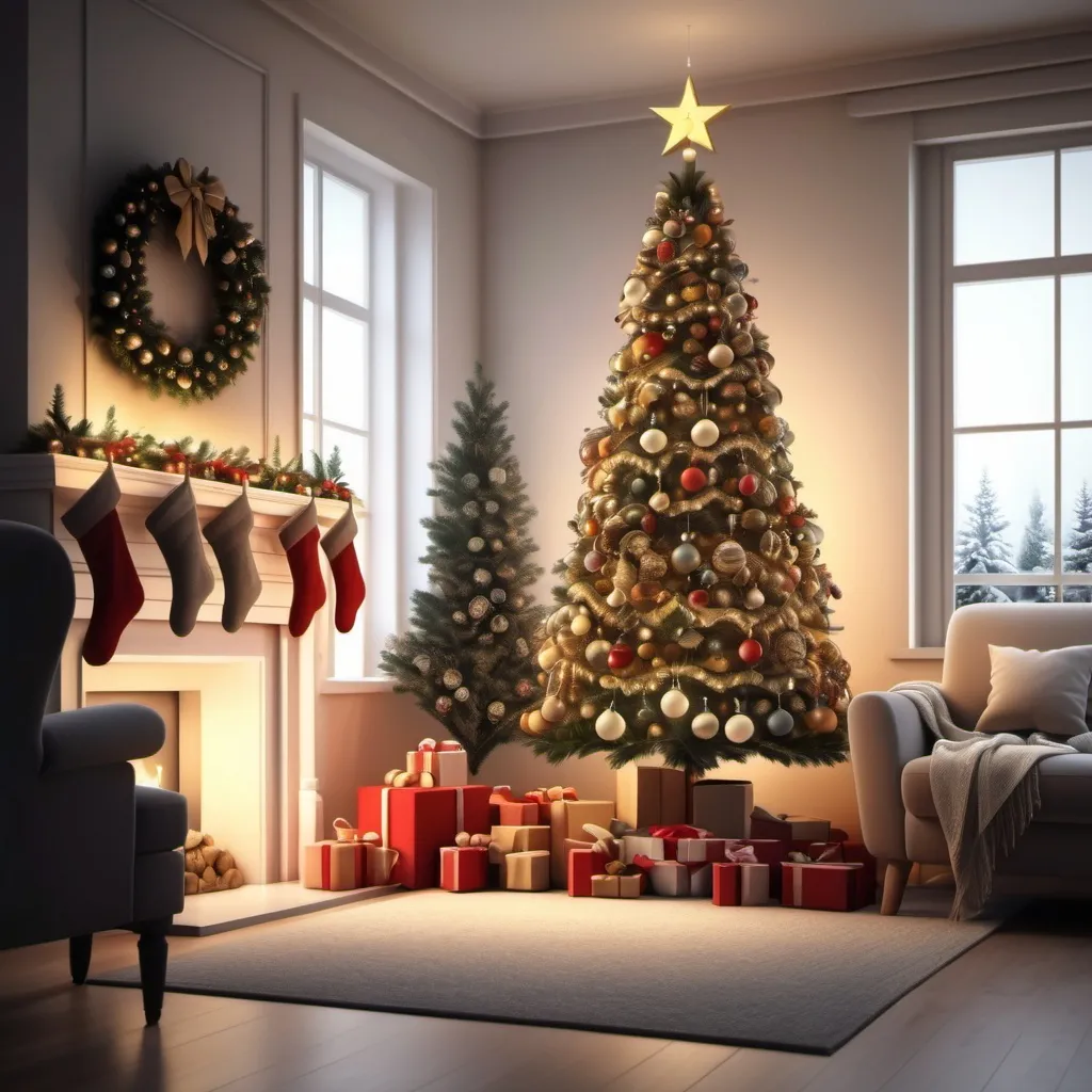 Prompt:  Christmas tree decorated with lights and ornaments, in a cozy living room, photorealistic style.