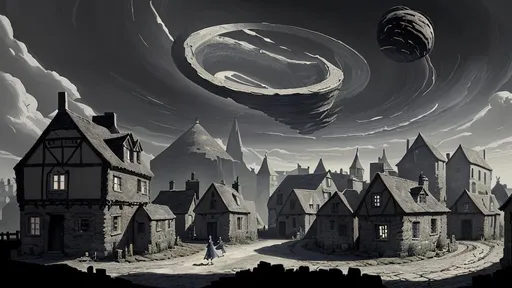 Prompt: Rifts in the sky. Time-space travel. Time-space fissures. Medieval era. Towns. Low houses. Villages. Storybook illustrations. Alternate dimensions. Energy beings. Dark. Heavy.






